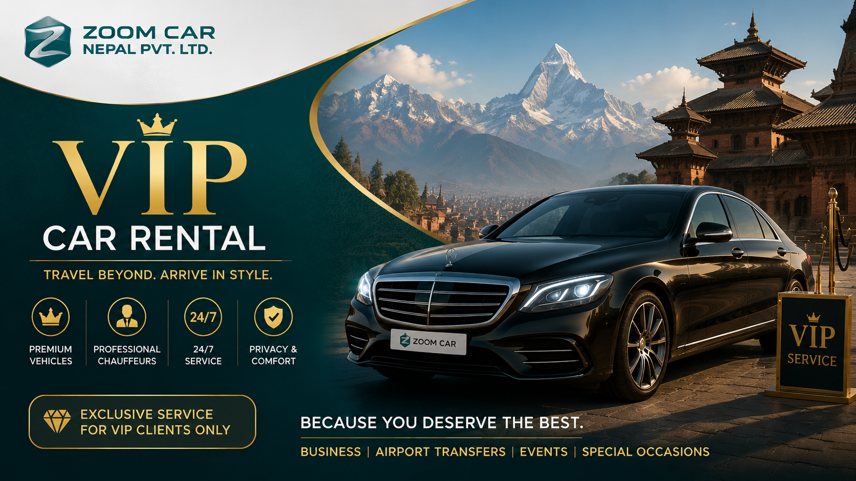 VIP car rental — premium chauffeur service by Zoom Car Nepal